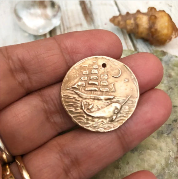 Bronze Ship and Narwhal Coin Pendant