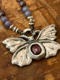 Rainbow Gemstone Treasure Necklace with Tourmaline-set Silver Moth Centerpiece (B12)