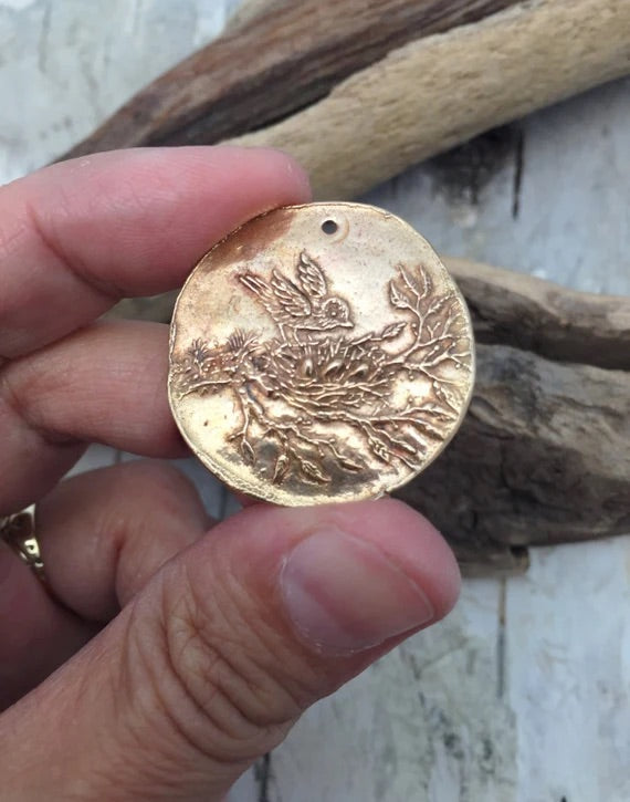 Bronze Mother Bird and Nest Coin Pendant