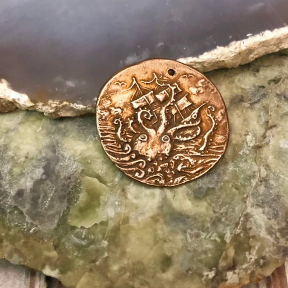 Bronze Octopus Kraken and Ship Coin Pendant