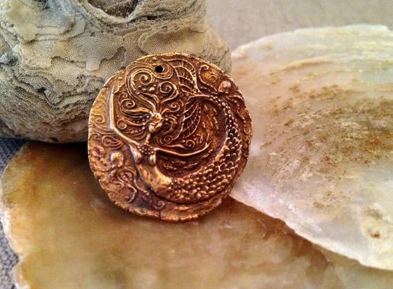 Bronze Mermaid and Octopi Coin Pendant